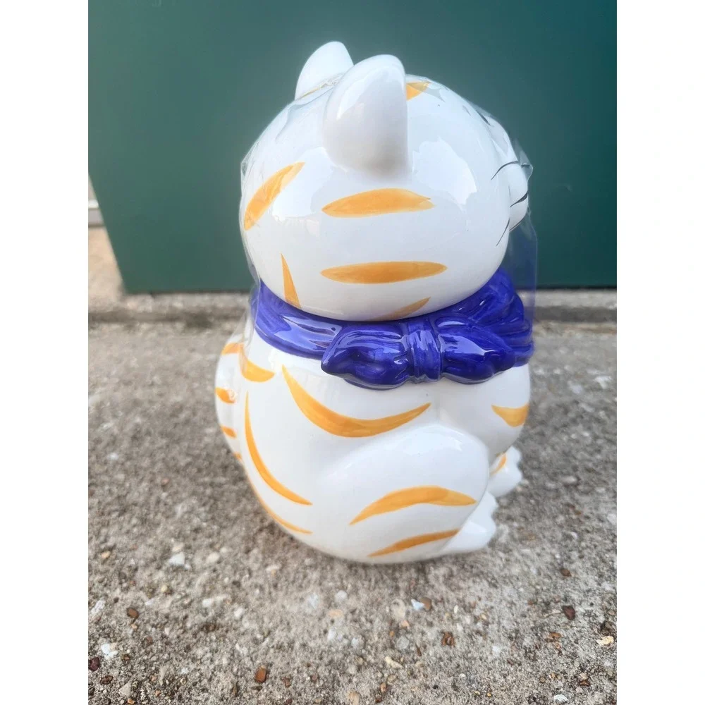 Vintage Style Ceramic White Orange Striped Cat Cookie Jar Blue Scarf 10‎ Inch